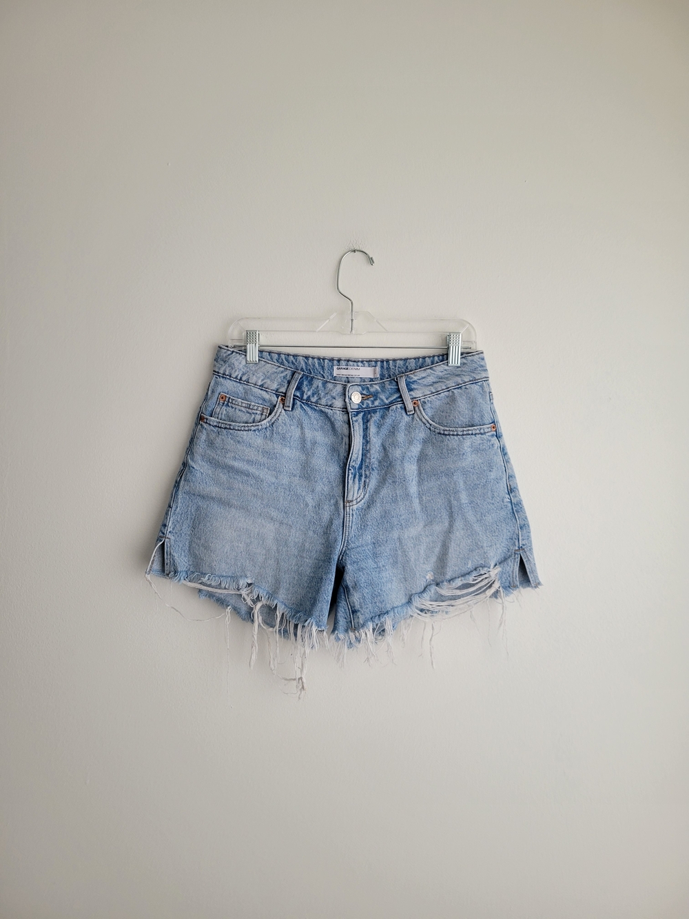 GARAGE Light Wash Denim Raw Hem Shorts